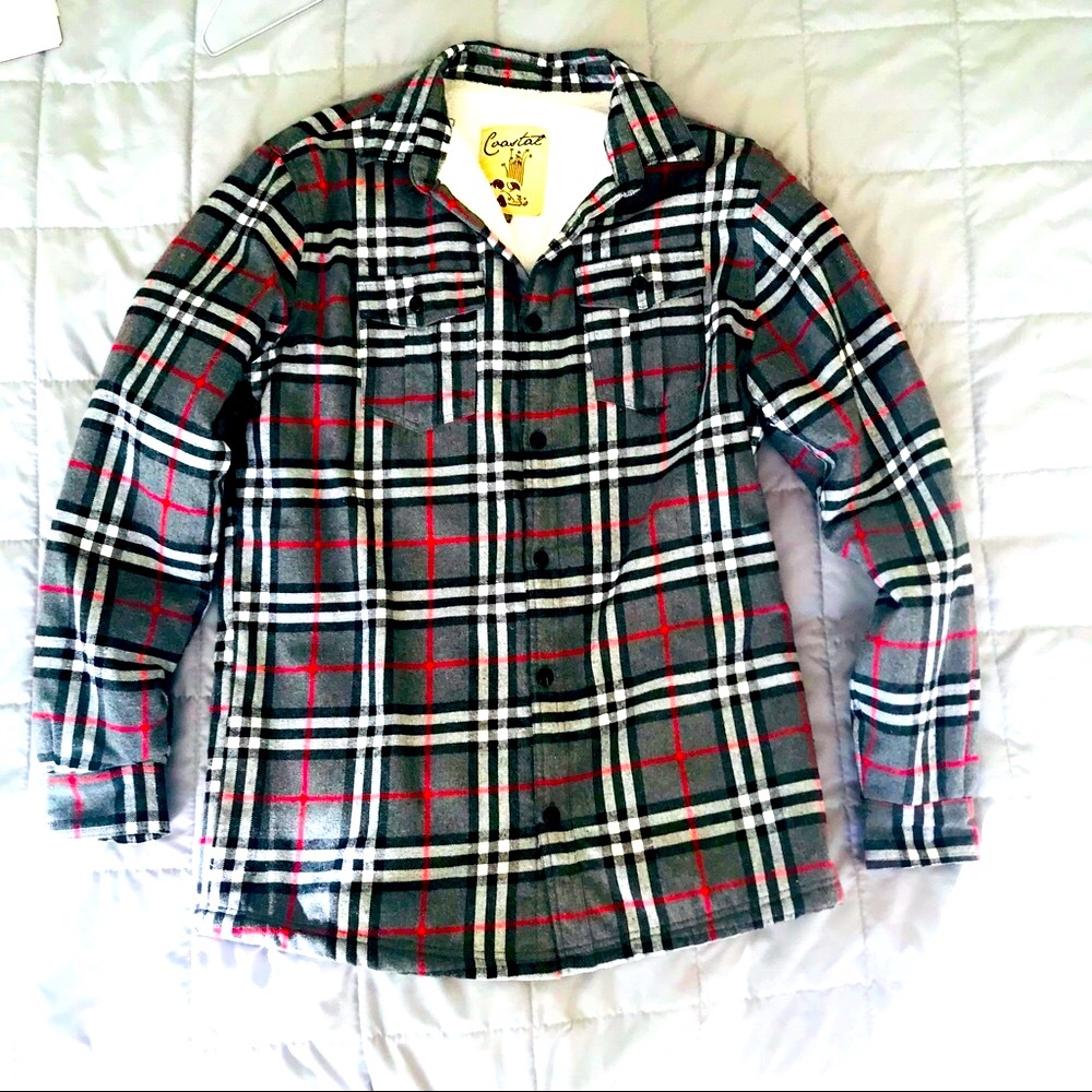 Mens Coastal surfer fleece lined jacket.  Large. black, red, white print.